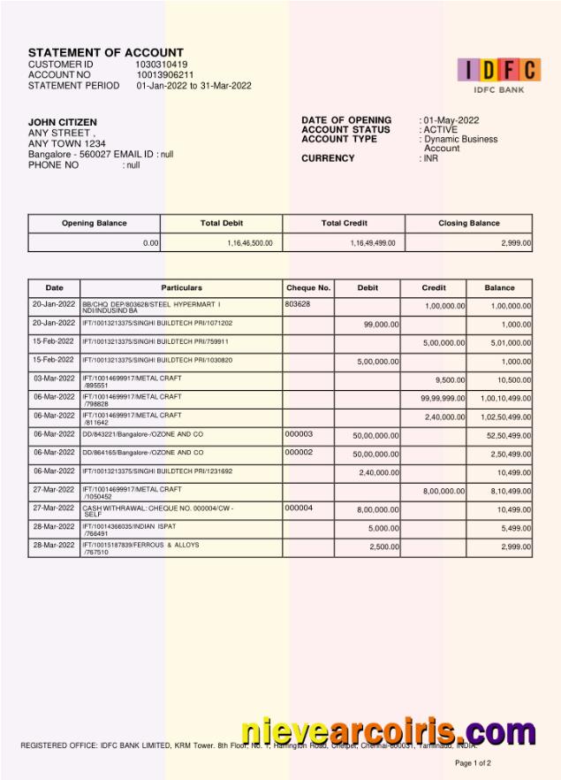 INDIA IDFC First bank statement, Word and PDF format, version 2